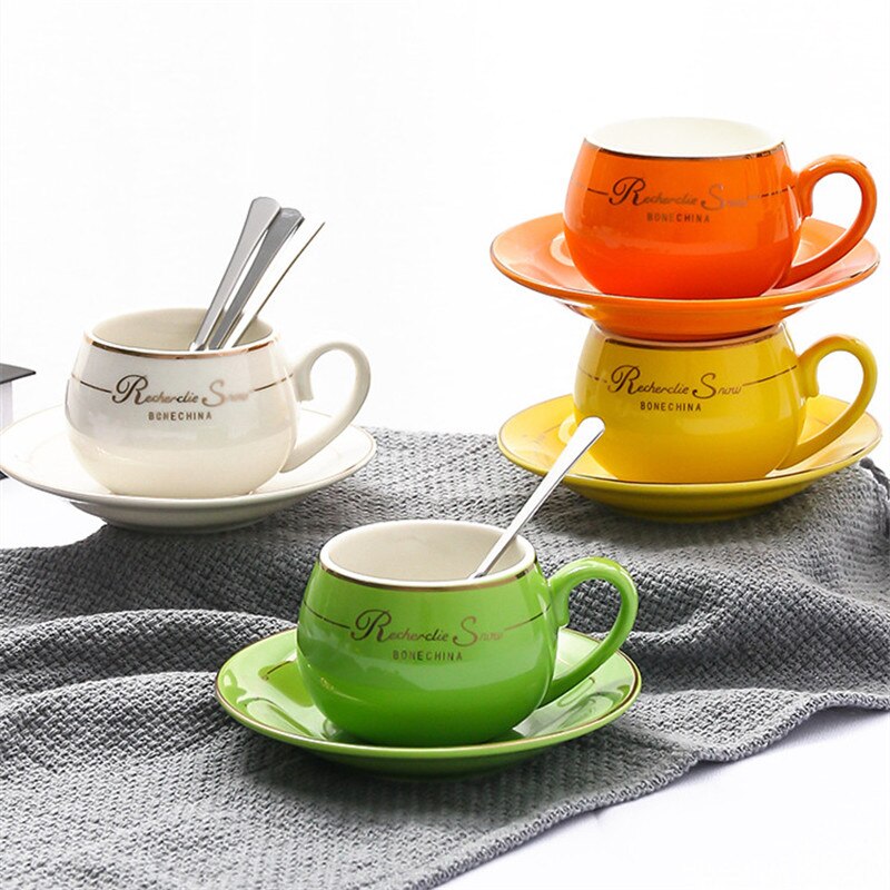 European Simple Cute Coffee Cup with Saucer Spoon Set Bone China Ceramic Tea Cup Office Milk Mug Drinkware
