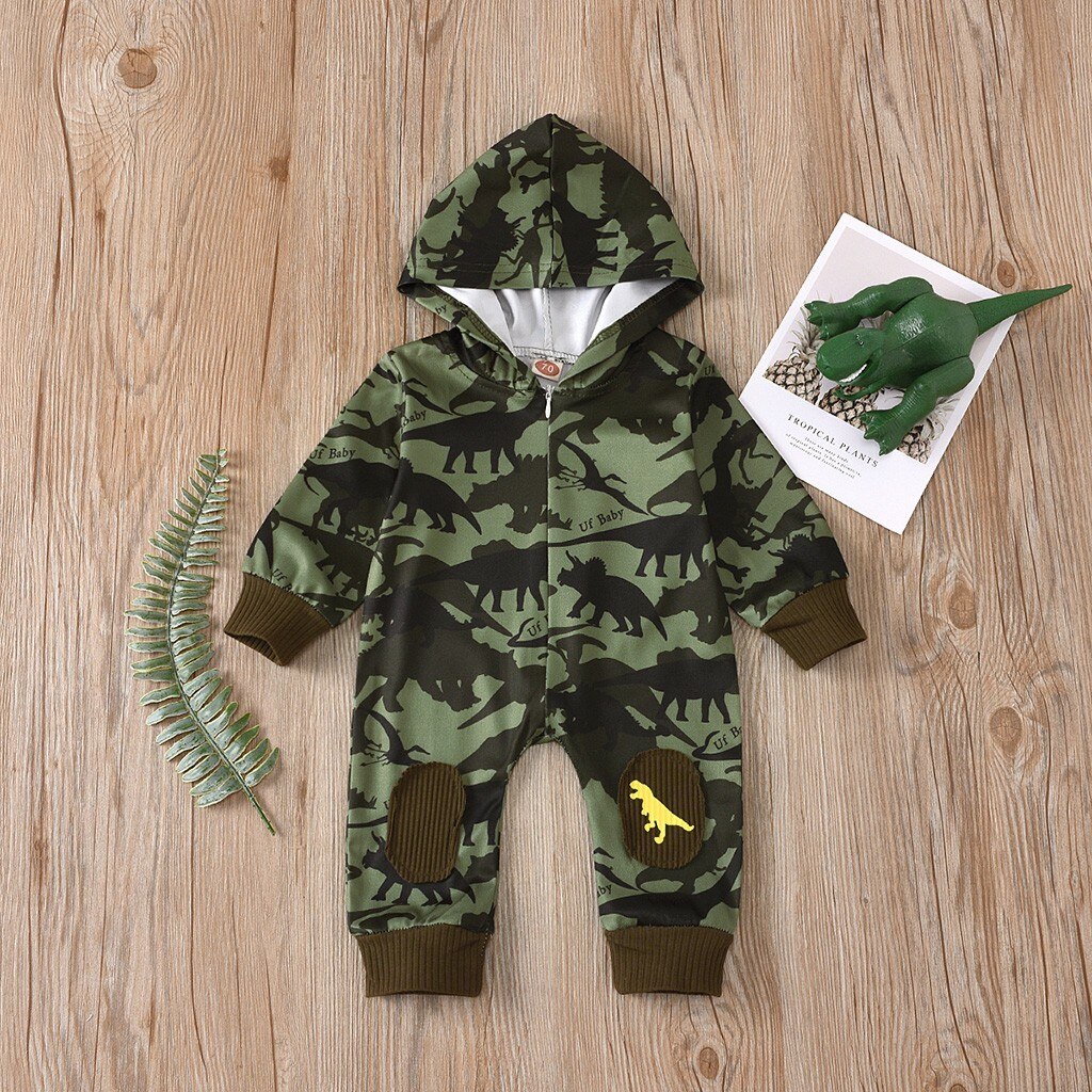 Mode Pasgeboren Baby Baby Jongens Meisjes Lange Mouwen Dinosaurus Gedrukt Hooded Rits Romper Jumpsuit Speelpakje Outfits Kleding # P4