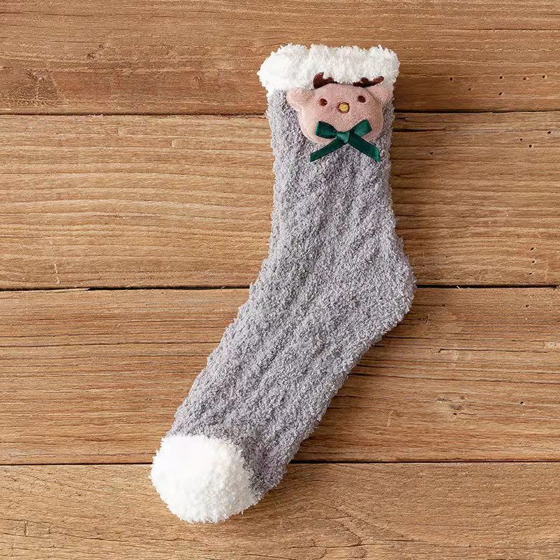 Coral Fleece Women Socks Bow rabbit Bear Candy Winter Thickening Cute Mid-tube Sock Ladies Home Bed Floor Slipper Sox: hui-xiong