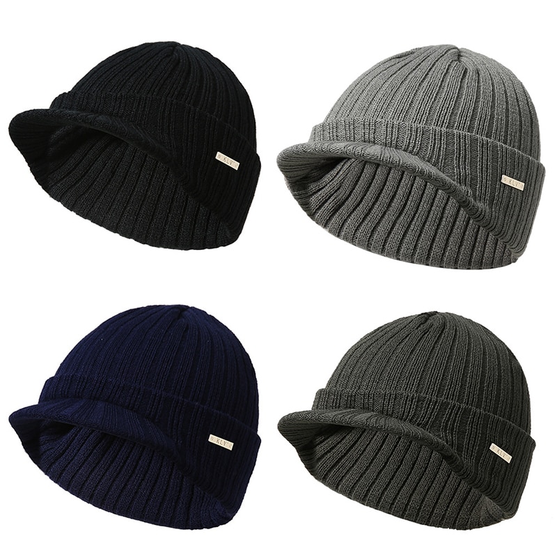 Men Women Winter Ski Hat Knit Warm Visor Beanie Billed Beanie With Brim Wool Hat