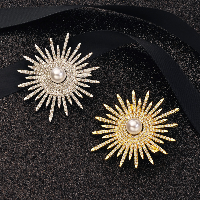 Nuevos broches brillantes de flores de sol para mujer, broche de lujo con perlas grandes y diamantes de imitación, alfileres, joyería, accesorios para traje, de boda