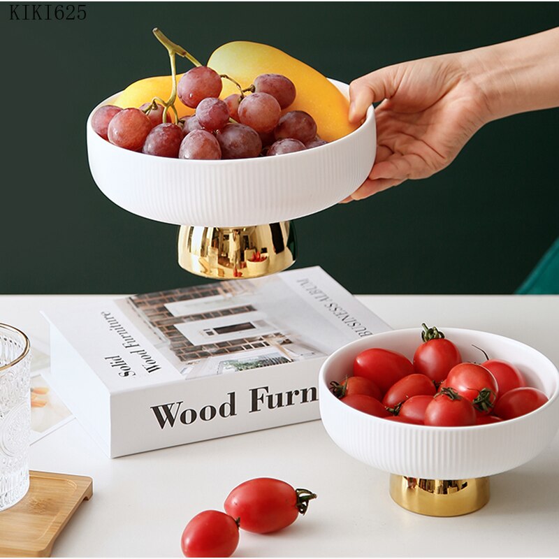 Luxury Ceramic Tall Fruit Snack Tray High-end White Vertical Pattern Candy Jewelry Cosmetics Storage Tray with Golden Base For