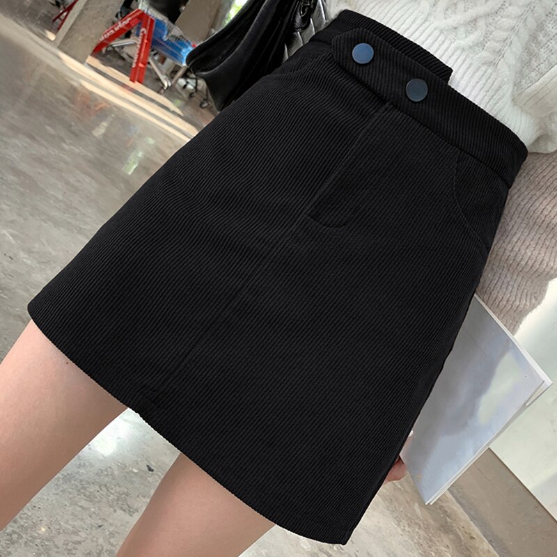 Women Casual Mini Skirt Ladies Winter Korean Japan Harajuku High Waist A-Line Solid Button Skirts Slim Office Streetwear