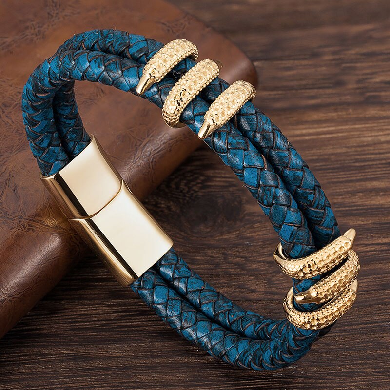 Herre armbånd i rustfrit stål vintage blåt læder guld drage klo punk smykker håndlavede reb tilbehør armringe: Guld / 23cm