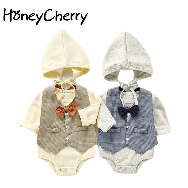 automne garçon costume vêtements pour enfants nœud papillon bavoir une pièce barboteuse ramper vêtements + chapeau bébé garçon vêtements