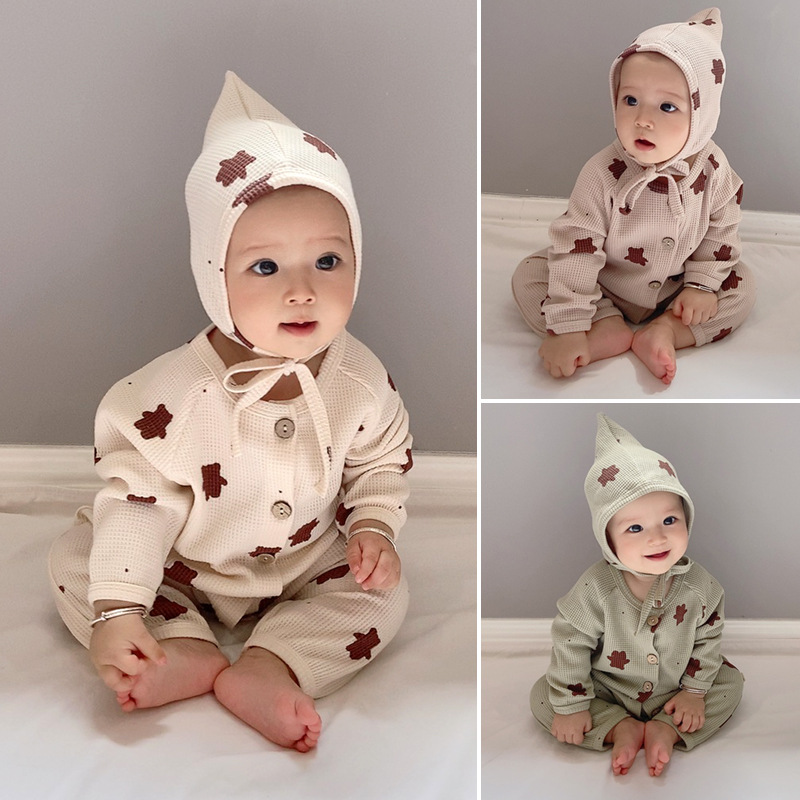 2Stck Baby Bodysuit Kleidung Kleinkind Karikatur Schlafanzug Rompers neugeboren Jumpsuits mit Hut Kleinkind Jungen Mädchen lang Ärmel Bär Outfits