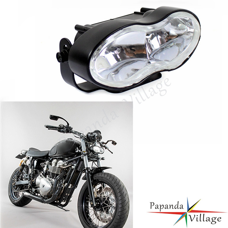 Dual H3 Halogen Oval Headlight For Harley Cafe Racer – Black Chrome, 55W