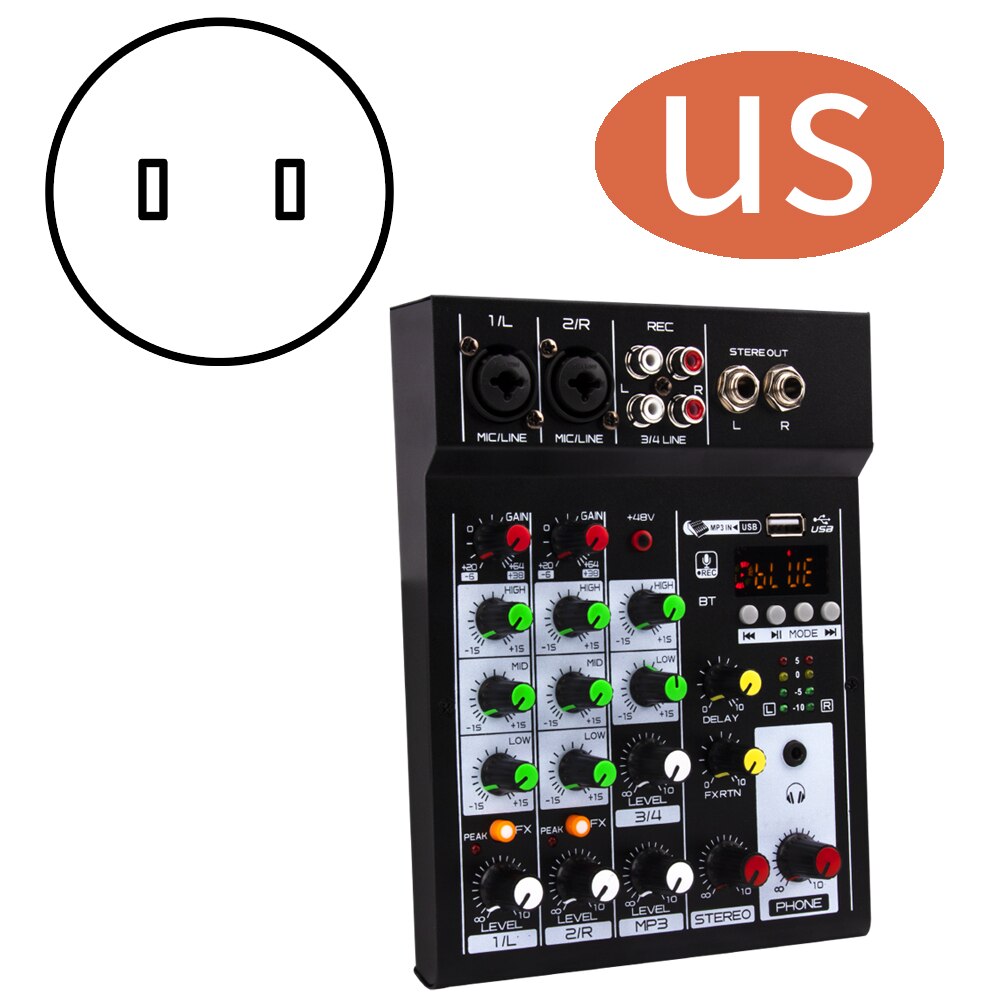 Mic 2U Portable 4 channel MP3 playback BT console Digital audio mixer Built-in reverb effect 3-band EQ DC 5-12V power supply: US