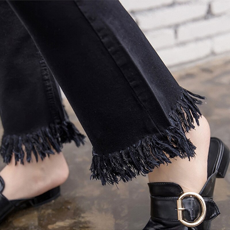 Maternity Jeans High Waist Black Tassel Flare Pants for Pregnant Women Boot Cut Stretch Solid Pregnancy Denim Jeans S-XXL