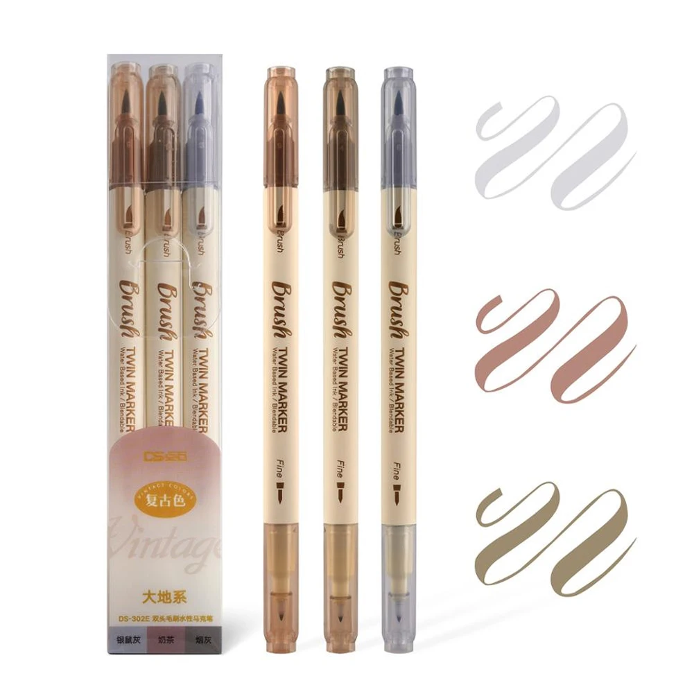 Juego de rotuladores de 7 colores, marcadores de arte, bolígrafo de fieltro de doble punta, bocetos, dibujo, Graffiti, Manga, suministros de arte escolar, 3 unids/set: Vara de oro pálida