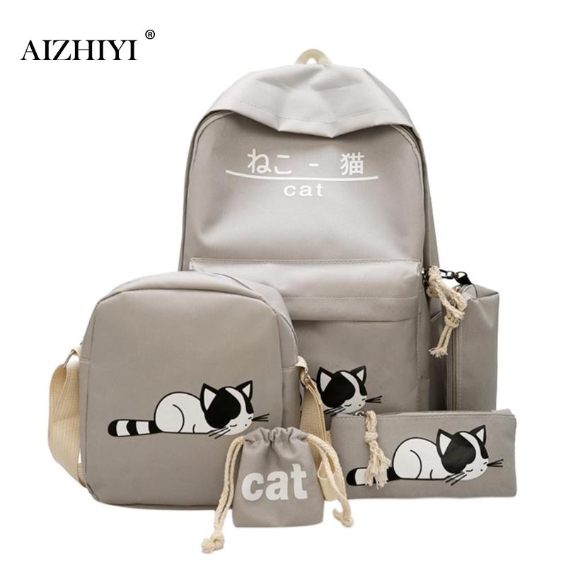 5 stks/set Vrouwen Canvas Rugzakken School Tassen voor Tienermeisjes en Jongen Afdrukken Canvas Rugzakken Dames Schoudertas: Grijs