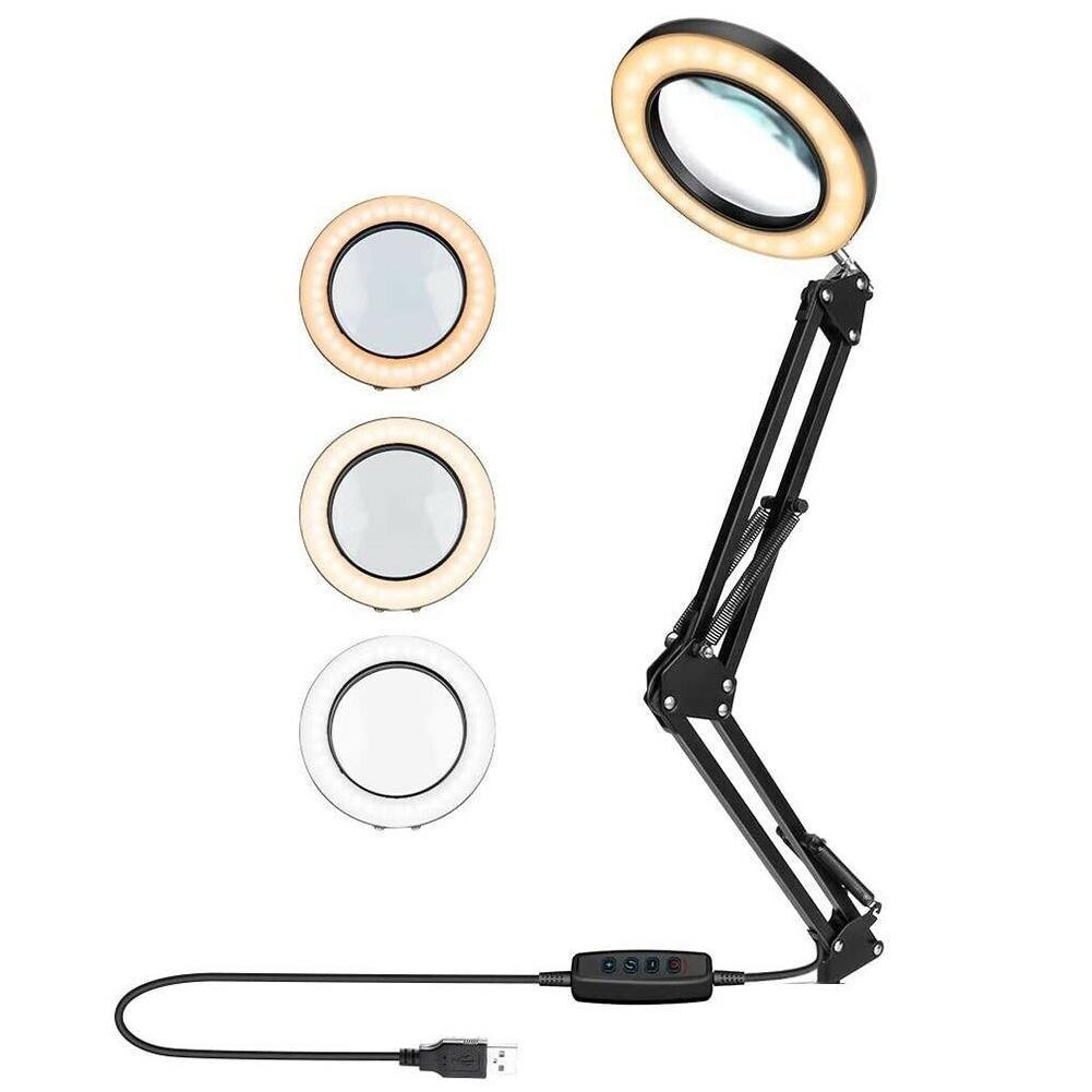 USB LED 3 Couleurs Lampe de Table Gradation Bureau Liseuse Grande Loupe Lumière Avec Verre À Ongles Beauté 5X Y3L2