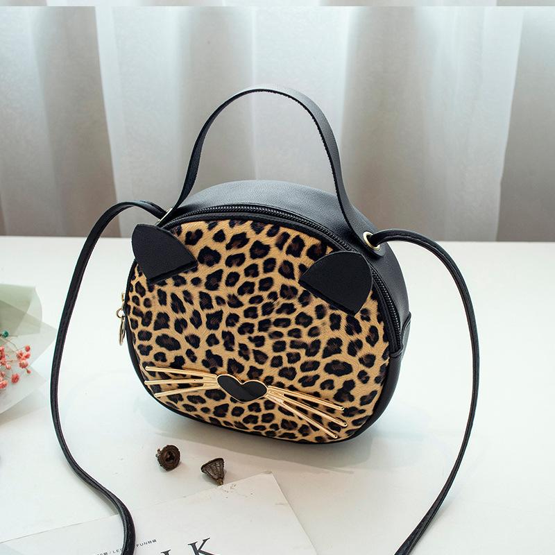 Mini rund crossbody taske sød kat leopard med pu læder piges messanger pung bosla kvinder runde skuldertasker: Brun leopard