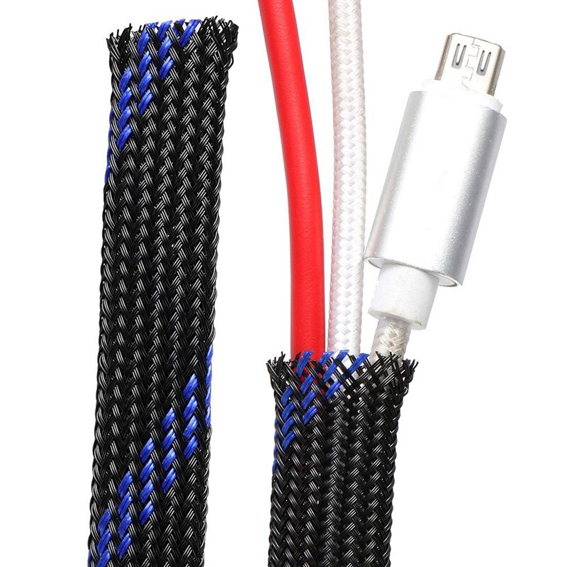 2X Pet Braided Sleeving 32.8 Feet 10M Expandable Cable Wrap 10Mm Diameter Wire Sheath Blue Black