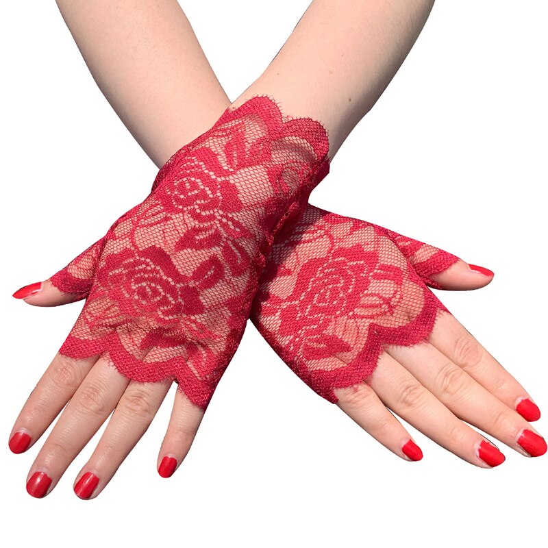 Best Sailor Dance Long Fingerless Womens Sexy Lace Gloves Ladies Half Finger Fishnet Gloves Heated Mesh Mitten Handschoenen: Burgundy
