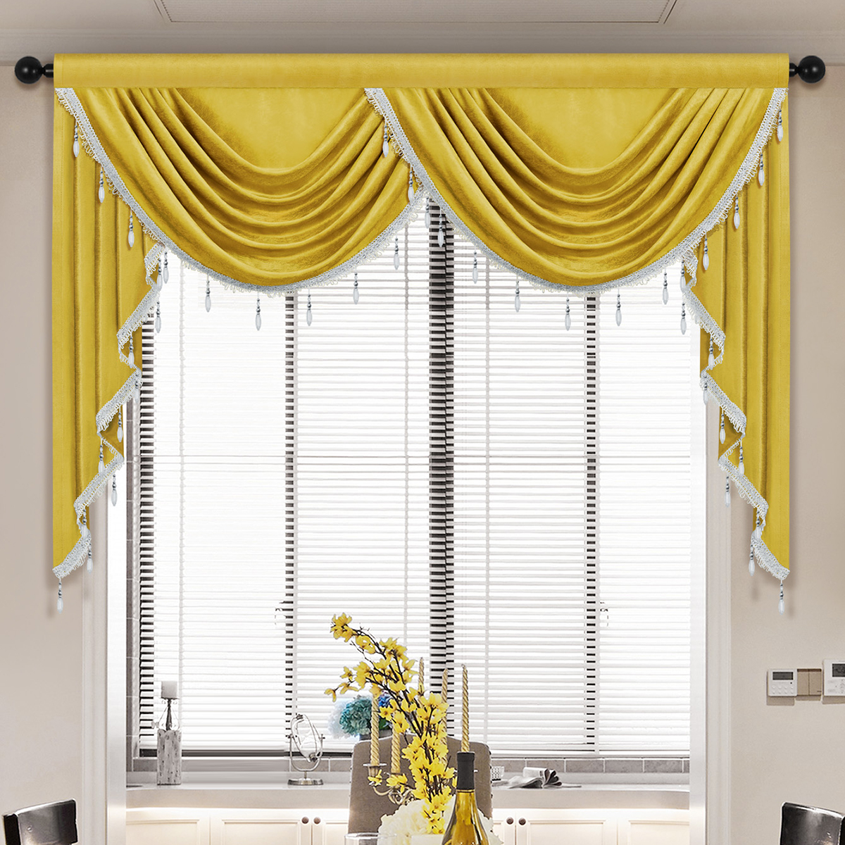 Rideau de cantonnière en tissu velours de style européen, cantonnière en tissu velours italien pour la décoration intérieure, poche la plus récente, divers documents au choix, cascade, 1PC: YELLOW