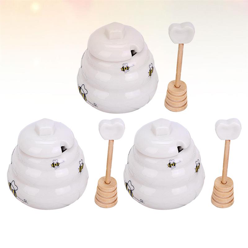 5PCS Ceramic Honey Pot Jam Jar Set with Dipper and Lid for Home Kitchen