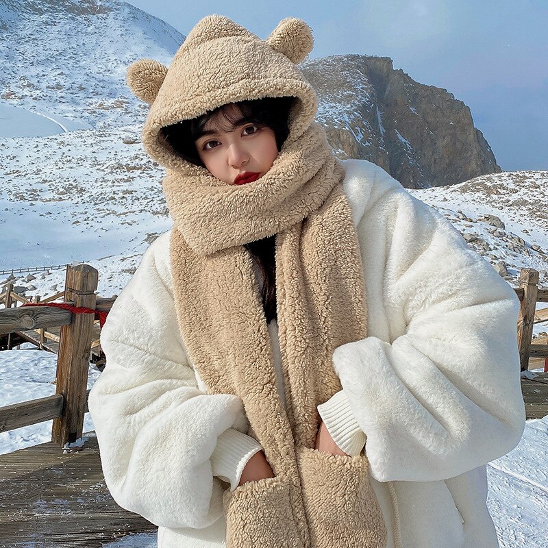 INS Bear – ensemble de gants et écharpes en peluche pour femme, chapeau et décontracté, en molleton solide, accessoires Kawaii, nouveauté hiver