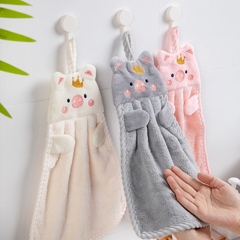 1Pcs Hand Towel Korean Style Handkerchief Wall Mounted Cartoon Pig Kitchen Supplies Soft for Household Embroidery