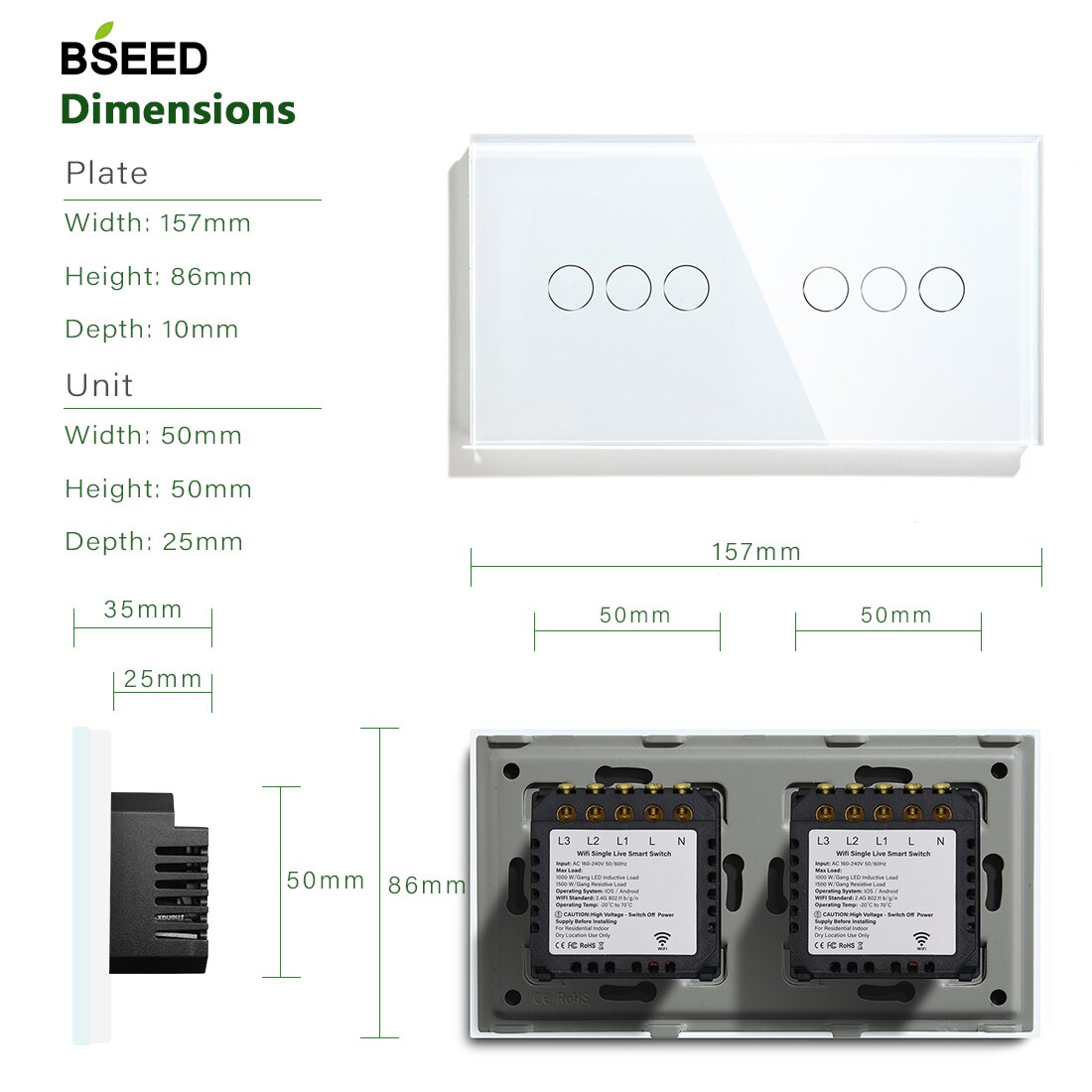 Bseed 6 Gang Smart WifI Control Single Live Touch Switch 157mm Mirror 3 Color Crystal Panel Switch Work With Tuya Smart Life
