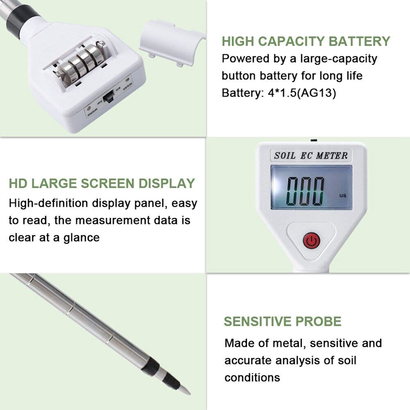 Soil EC Meter High Precision Metal Probe ATC Conductivity Tester Detector For Flowers Farmland Garden