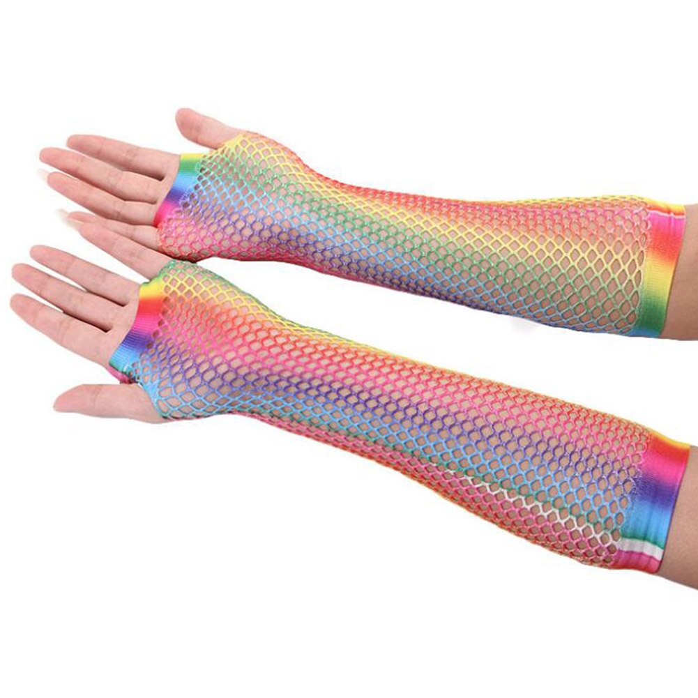 Neue Damen sexy Regenbogen Farbe Gittergewebe Netz Fischnetz Handschuhe Aushöhlen Löcher Finger Handschuhe Dame Disko tanzen Kostüm Halbe Handschuhe
