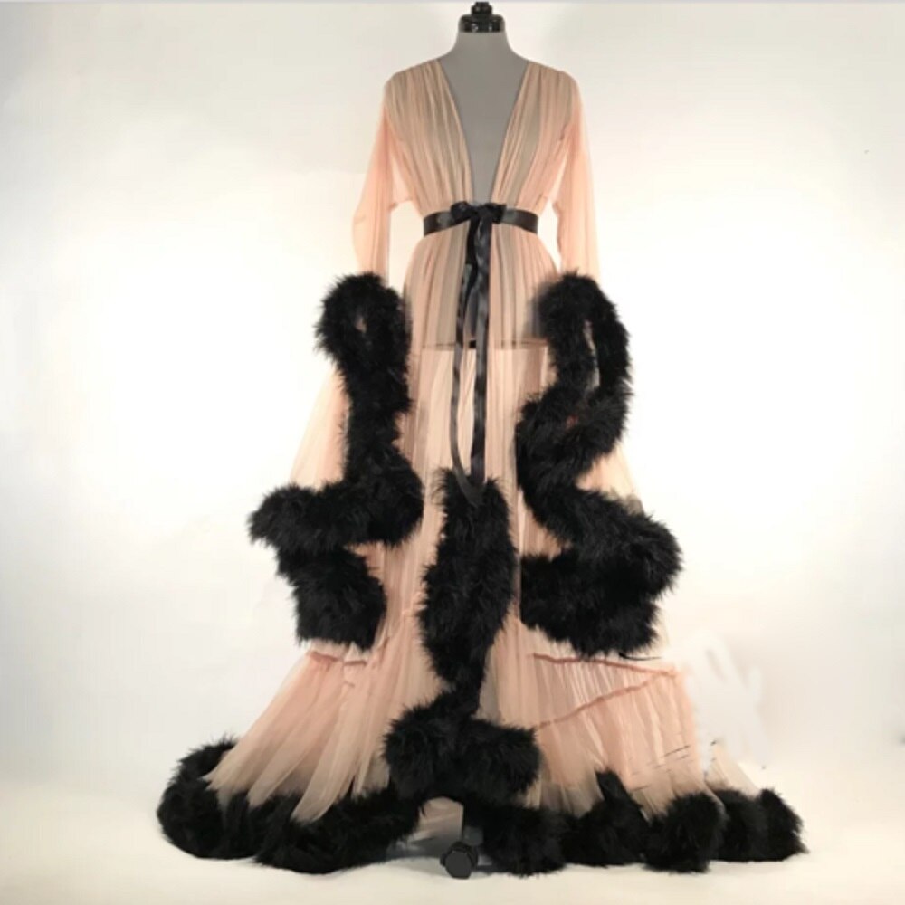 Sexede kvinder blonderkjole kimono nat maxikjole natkjoler mesh langærmet pels babydoll fest nattøj nattøj kjoler