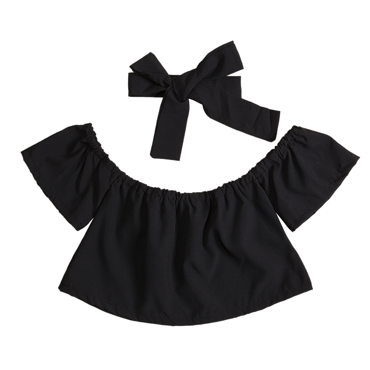 Emmababy baby top met ruches aan de mouwen, strik hoofdband blouse schattige kleding 3 kleuren voor 0-6y: Zwart / 2t