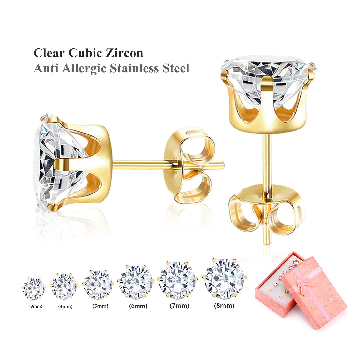 LUXUSTEEL 6 Paare/einstellen CZ Ohrstecker Edelstahl rund weiß Zirkonia hypoallergen 6 Krallen Ohrring trendiger Schmuck