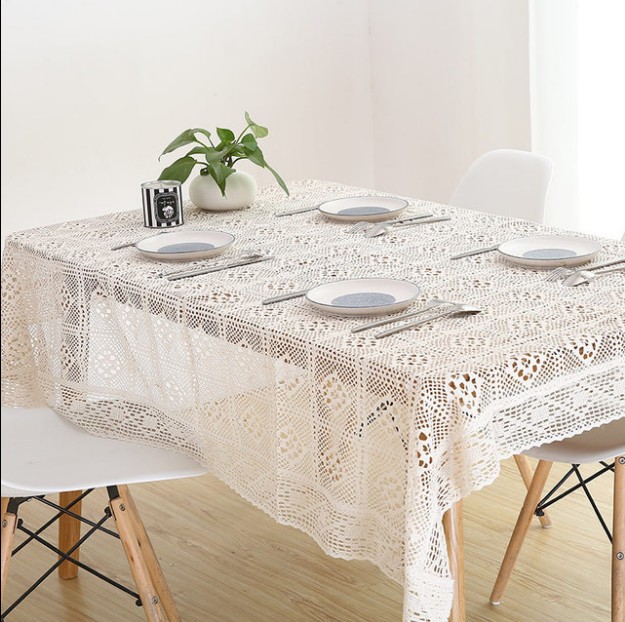 Bomuld strikket blonde dug shabby chic vintage hæklet dug håndlavet bomuld blonde bordplade: Beige / 180 x 270cm