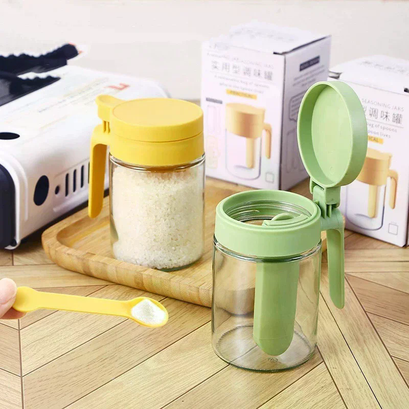 Household Kitchen Moisture-Proof Seasoning Jar Salt Container 2 In 1 Glass Spice Bottle Spoon Separation Glass Seasoning Can