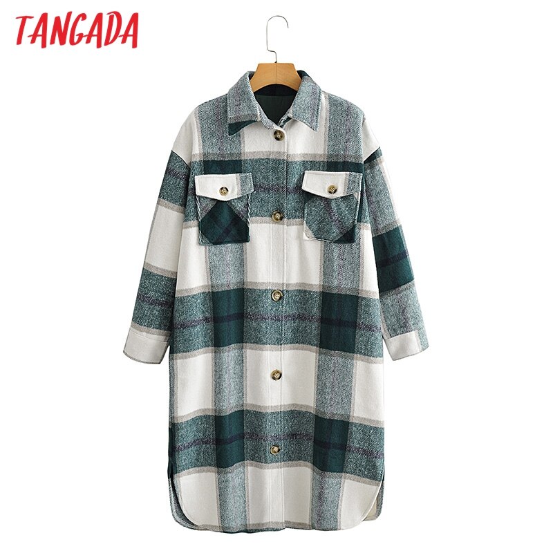 Tangada, Otoño Invierno , chaqueta de abrigo largo a cuadros verde para mujer, abrigo informal cálido, abrigos largos de AI35