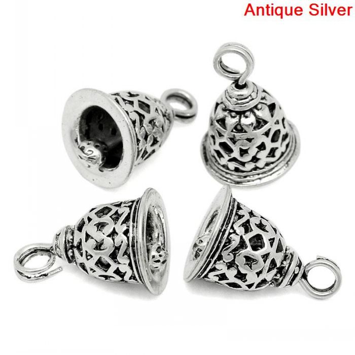 DoreenBeads Charme Anhänger Weihnachten Glocke Silber Farbe Blume aufbringen Geschnitzt 19x12mm,10Stck