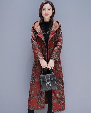 Vinter store størrelse tøj til kvinder langærmet hætte uld frakke trend vintage print frakke tykkere lange damefrakker 2290: Lys rød / Xxl