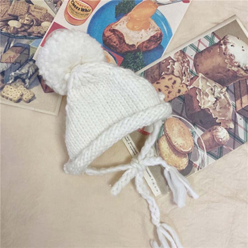 Ins Effen Kleur Pet Gebreide Muts Schattige Haarbal Warm Hond Hoed Hoofddeksel Kat En Hond Accessoires Bichon Teddy Houden warm Puppy Hoed: WHITE / S