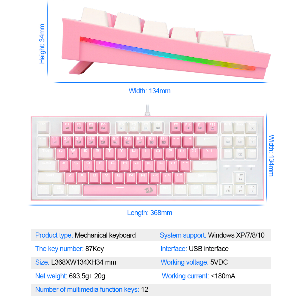 REDRAGON BES K611 USB Pink White Mechanical Gaming Keyboard Blue Switch Led Backlit 87 Keys Computer PC Gamer