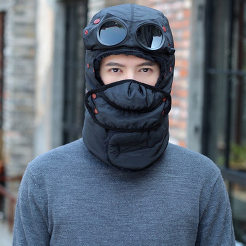 Winter Warme Muts Met Bril Multifunctionele Lei Feng Hoed Koude-Proof Plus Fleece Hat Riding Warm Katoenen Muts Winddicht nek Hoed: men black