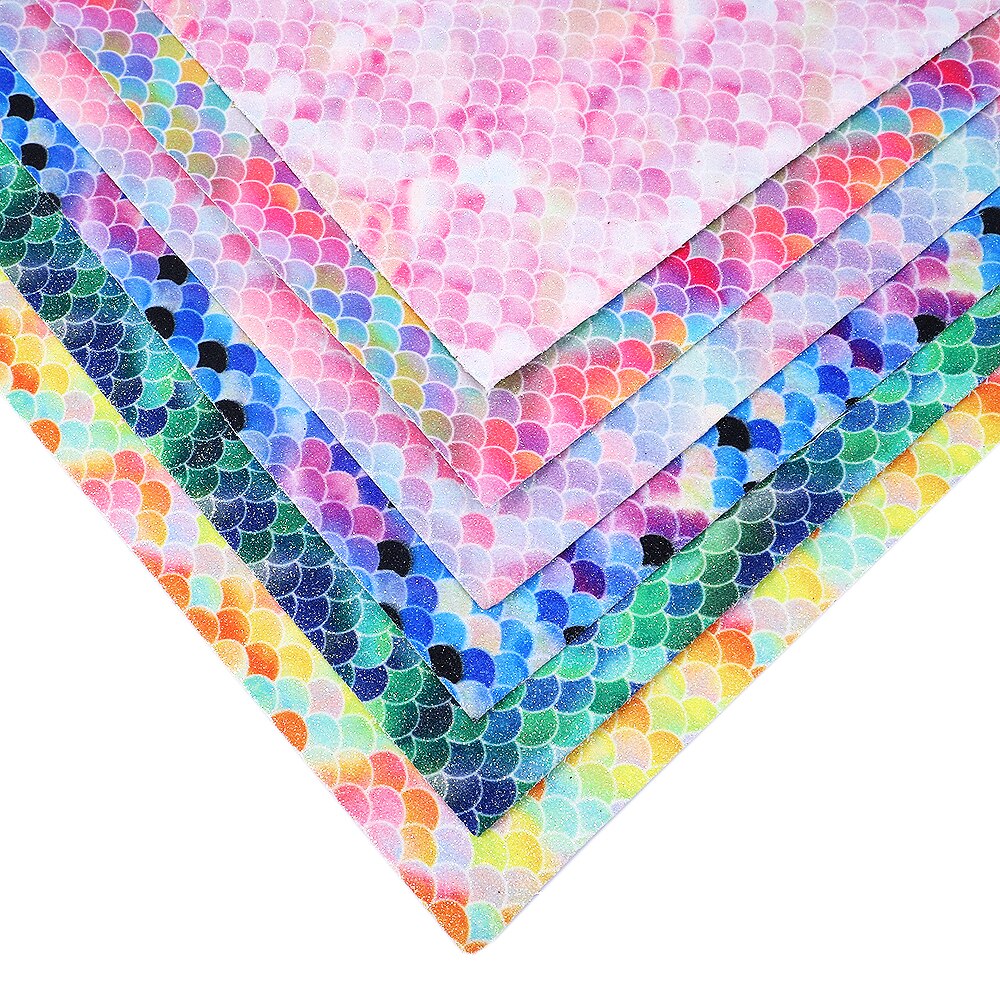 6 st 20*34cm sjöjungfrumönster tryckta glitter syntetiskt läder set, handgjorda material för att göra projekt ,1 yc 5869