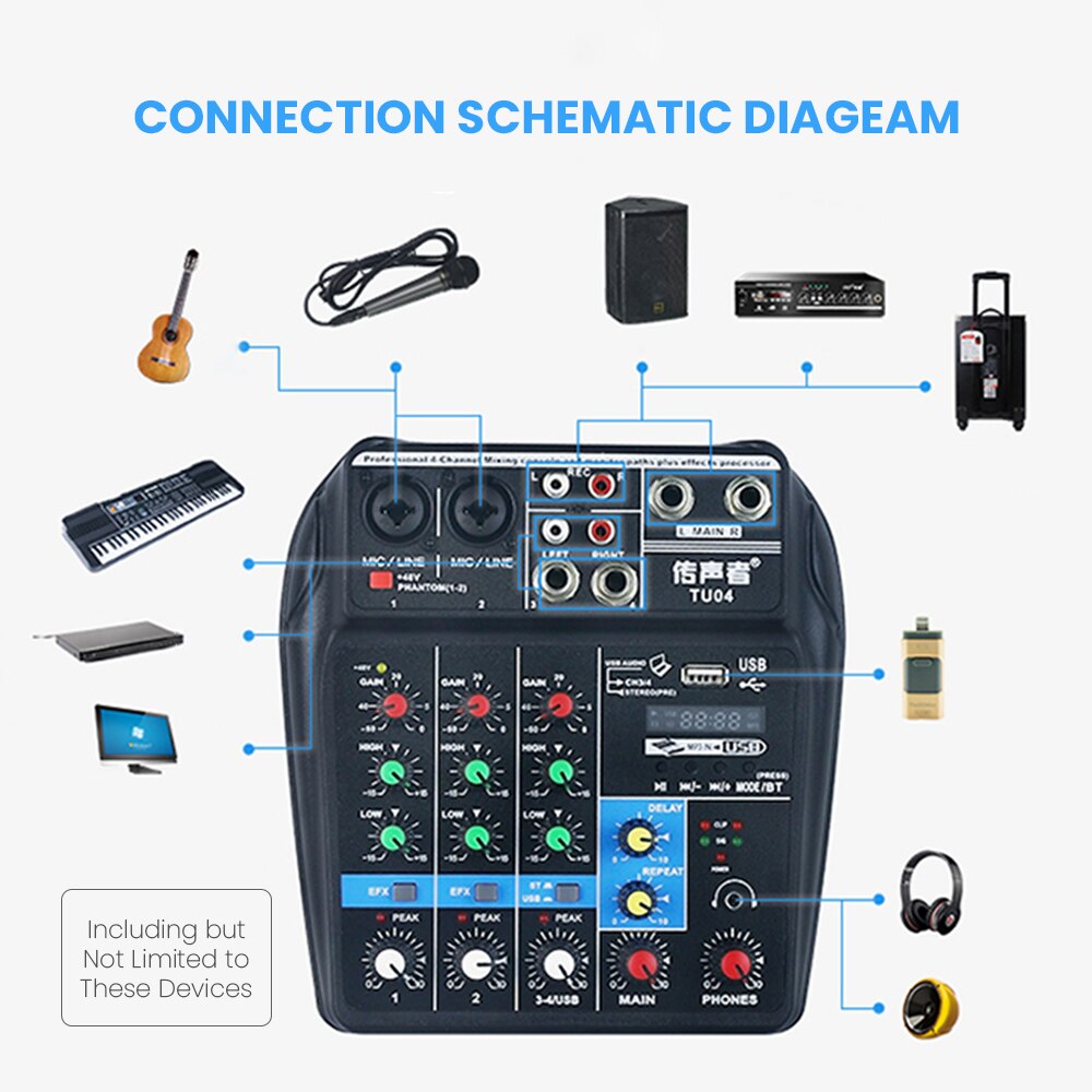 EU/US Plug studio 4 Channels Mixer Audio Interface USB Bluetooth Sound Mixing Console 48V Phantom Power Sound Card