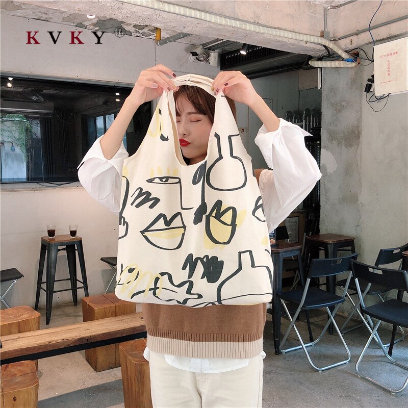 Women Shopping Bag Grocery Simple Print Letter Large Capacity Casual Canvas Wild Canvas Cotton Ecobag Totes Sac