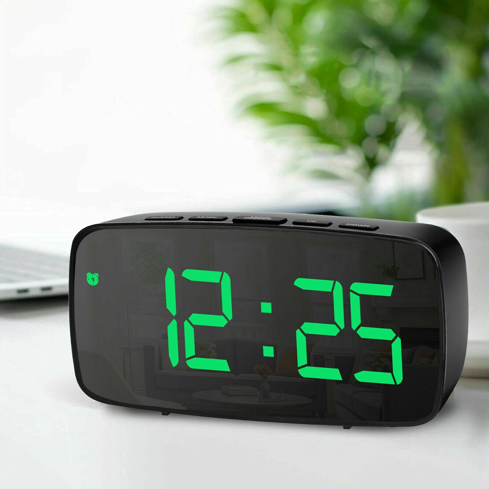 Large Digital LED Desk Alarm Clock Mirror Display USB Snooze Temperature 5 Keys WAtch Electronic Desktop Clocks For Bedroom: Green  