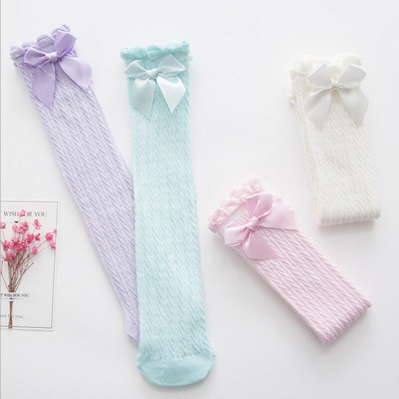 bebé verano ropa nueva para niños y niñas lazo grande hasta la rodilla largo suave calcetines de algodón con lazo para bebé Bowknot 100% calcetines de algodón