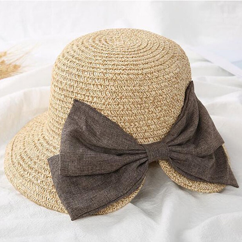 Children's Sun Hat Big Bow Wide Brim Floppy Summer Hats For Kids Beach Panama Straw Bucket Hat Sun Protection Visor Femme Cap: beige yellow