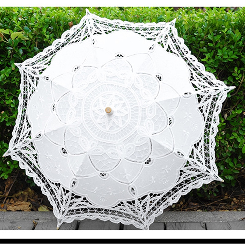 Wit Beige Bruids Paraplu Parasol Kant Bruiloft Paraplu Voor Bruid Houten Handvat Parasol Ombrelle Dentelle Mariage