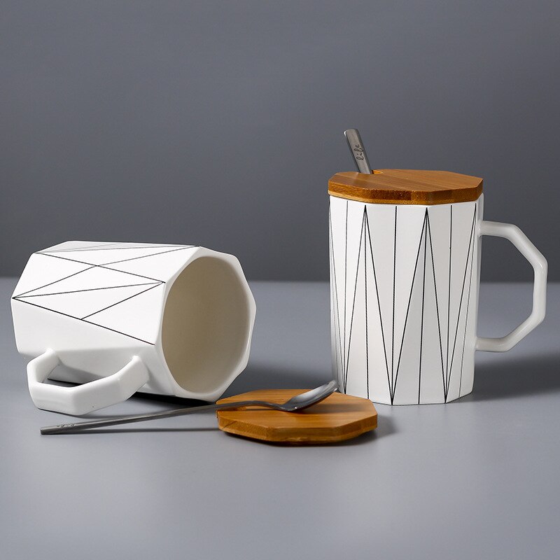 Taza geométrica mate creativa con tapa de bambú, cuchara de metal, tazas de cerámica de línea, para microondas Vaso de Leche, artículos para beber para el hogar y la Oficina, 400ml
