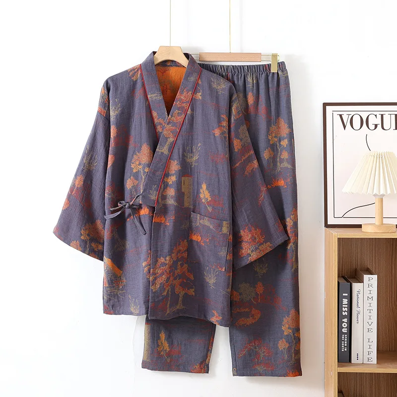 Ropa de baño para hombre, pijamas tipo kimono de algodón, batas para primavera, ropa de casa con estampado Jacquard, albornoz transpirable de gran tamaño de longitud media: L / Verde