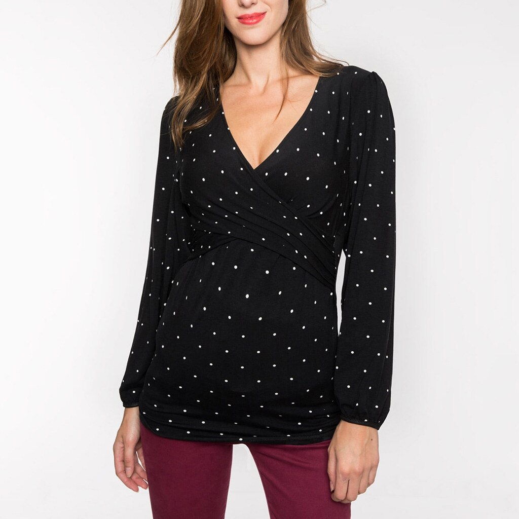 4# Women Dot Printed Maternity T-shirts Pregnant Tees Pregnant Nusring Maternity V-neck Long Sleeve Ruffles T-shirt Maternité