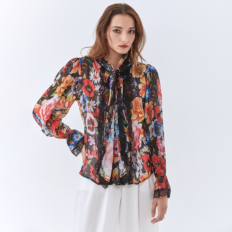 Twotwinstyle hit farvetrykt skjorte til kvinder sløjfekrave flare ærmer patchwork blonde afslappet bluse kvindeligt efterår