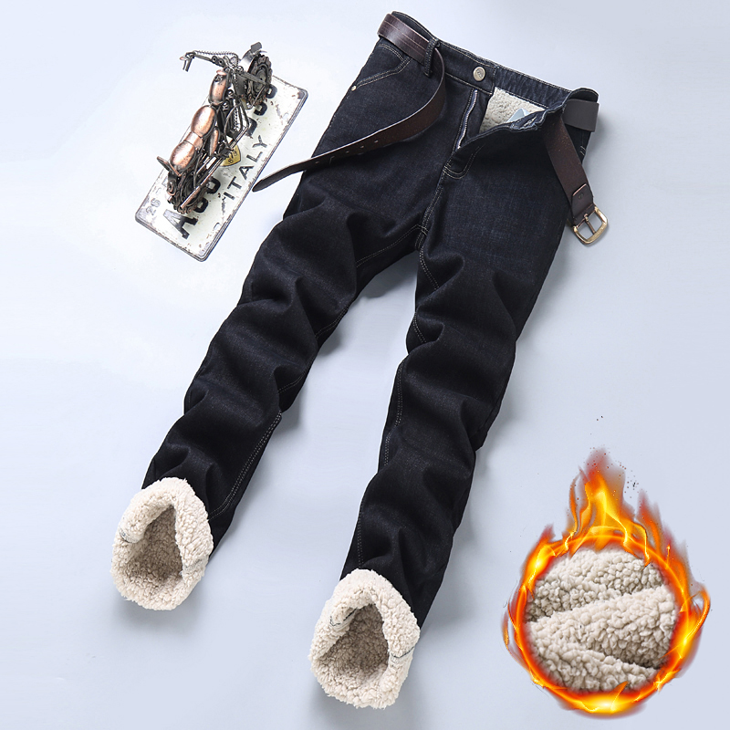Pantalones vaqueros de lana cálidos de invierno para hombre 2025, pantalones vaqueros térmicos informales gruesos elásticos rectos, pantalones de trabajo de negocios para hombre, nueva ropa para hombre