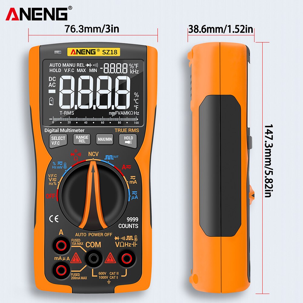 Digital multimeter ac / dc spænding strømmåler frekvens kapacitans temperatur tester 9999 tæller lcd display skærm aneng  sz18: Orange